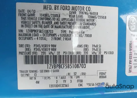 2011 Ford Mustang Gt Premium from USA, damaged, VIN 1ZVBP8CF5B5108703